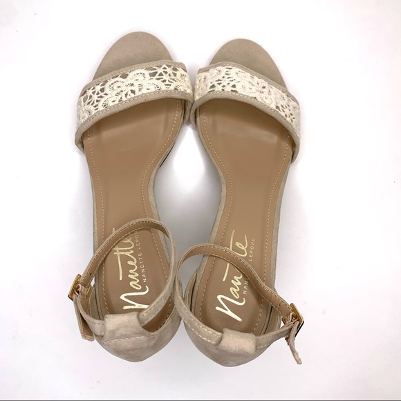 Nanette Lepore Ankle Strap Sandal ‘Beauty’ Heel Crochet Detail Faux Suede Tan 8 - Picture 10 of 14